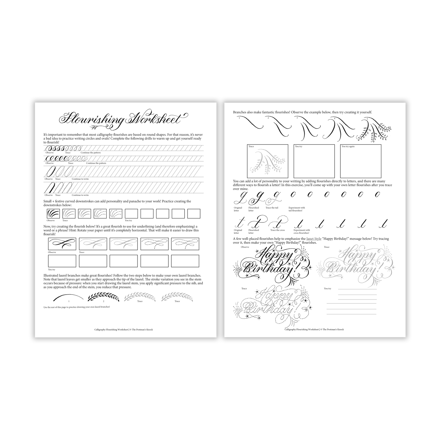 Free Printable Calligraphy Flourishing Worksheet - The Postmans Knock