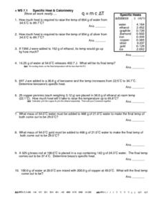 WS 7.1-Specific Heat and Calorimetry Worksheet for 10th - 12th ...