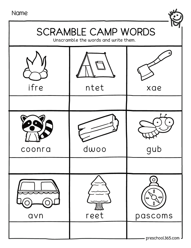 Free Camping Theme worksheets for kindergarten and 1st grade