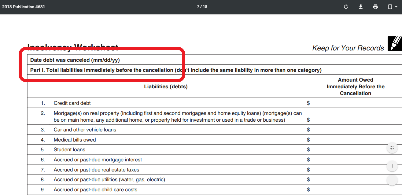cancellation of debt insolvency worksheet