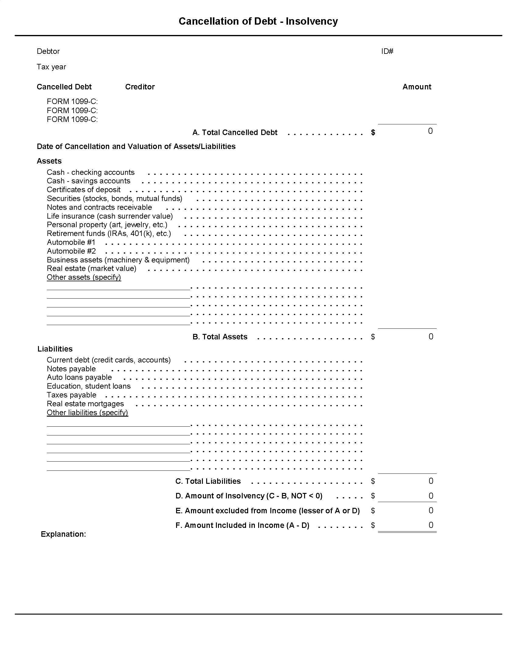 cancellation of debt insolvency worksheet
