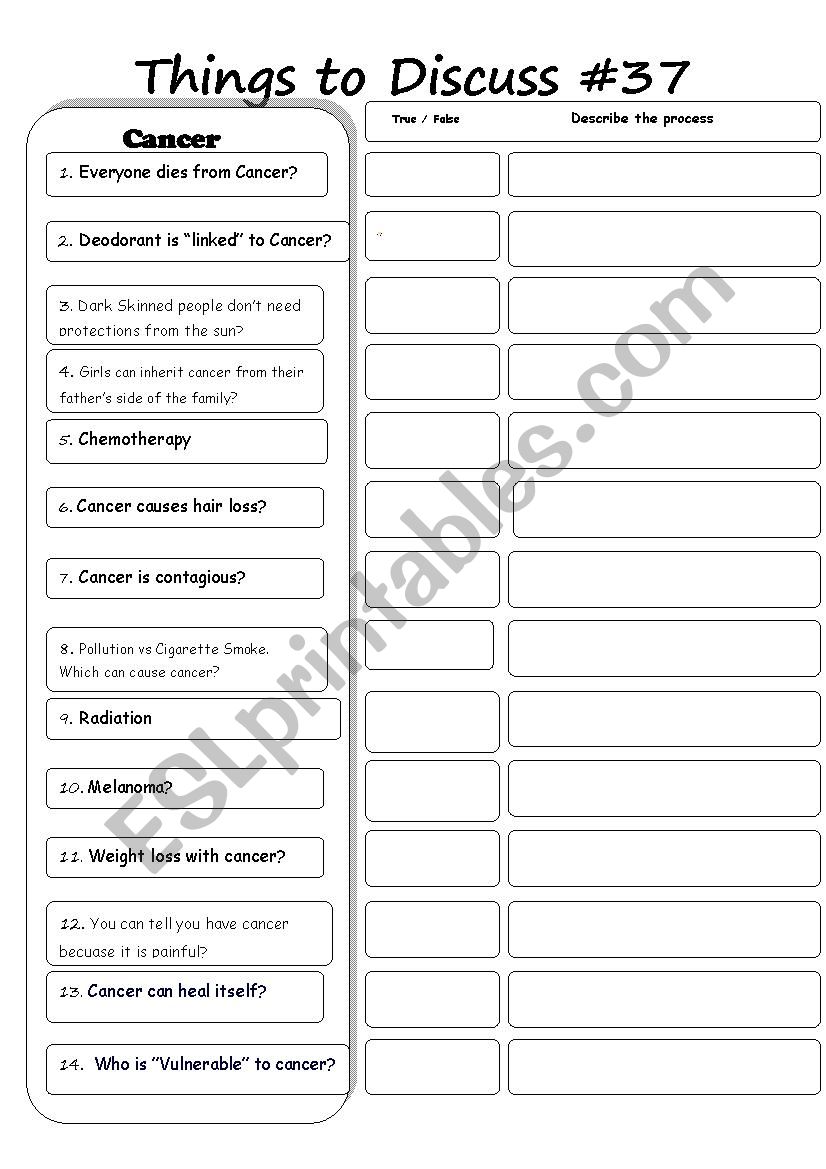 Things to discuss #37 CANCER - ESL worksheet by debbie6