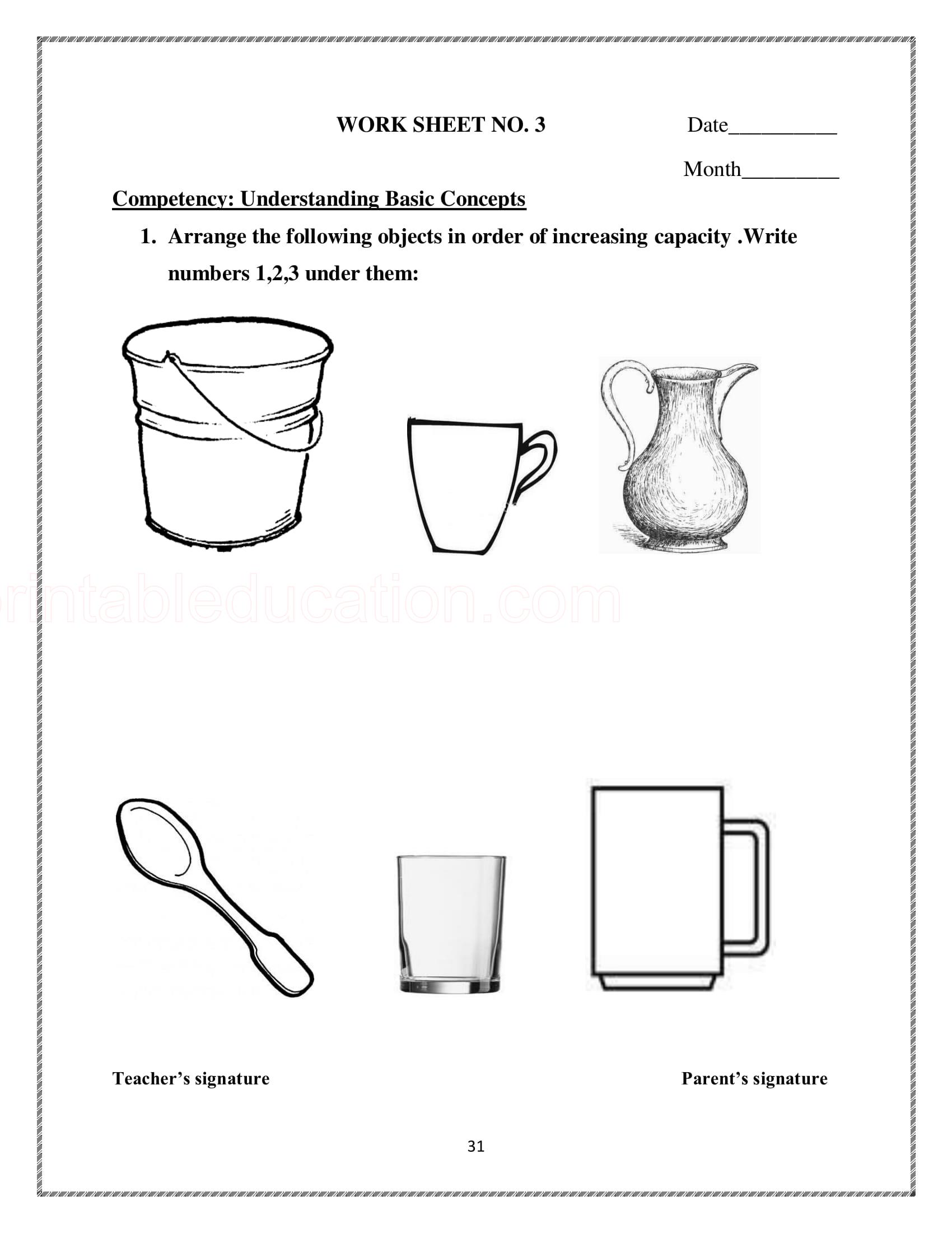 capacity worksheet for preschool