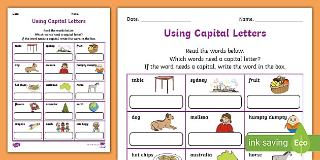 Using Capital Letters Worksheet (Lehrer gemacht) - Twinkl