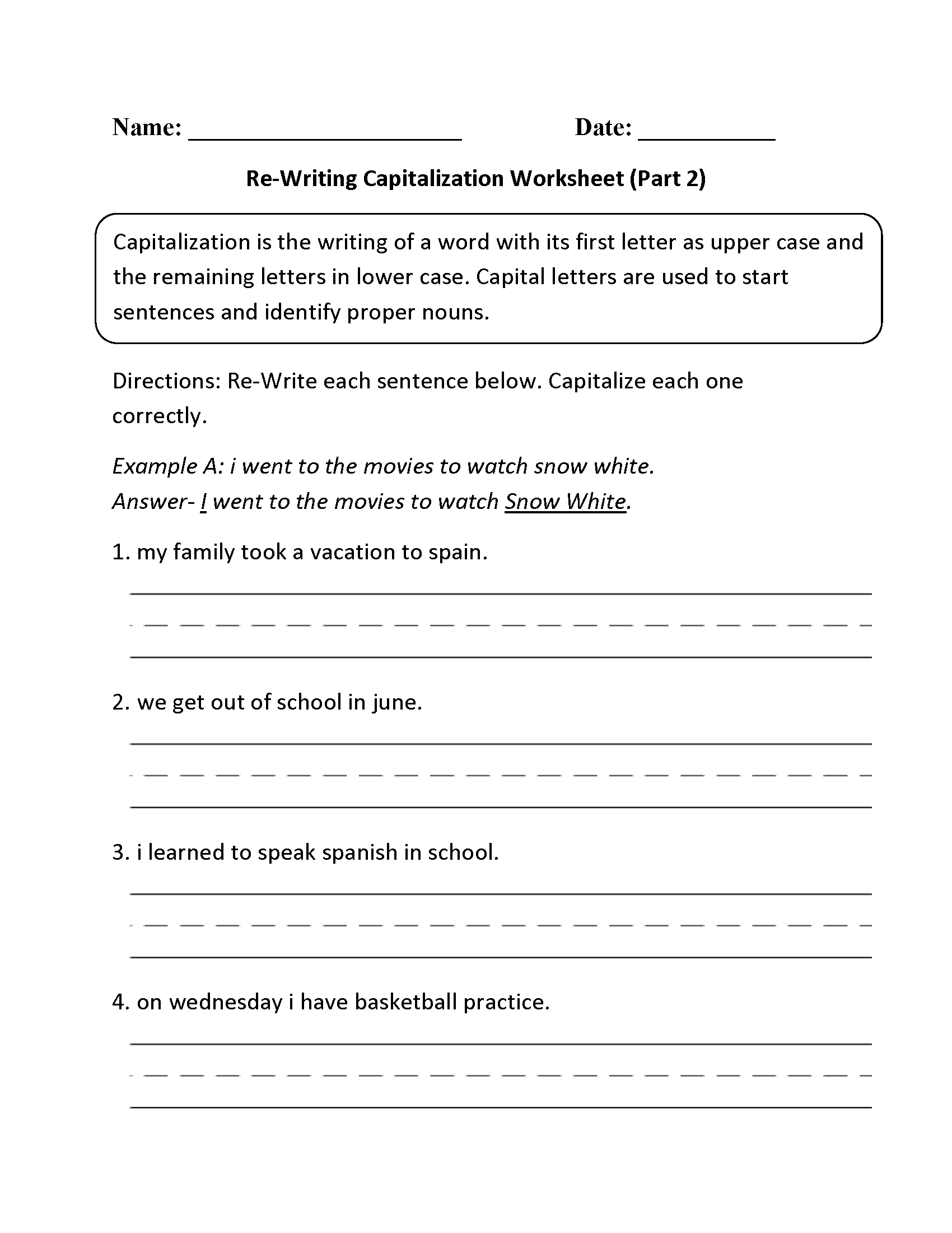 capitalization worksheet for 1st grade
