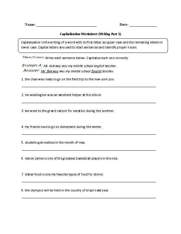 capitalization worksheet for high school