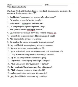 Capitalization Practice Worksheets 1-3 (60 total sentences to correct)