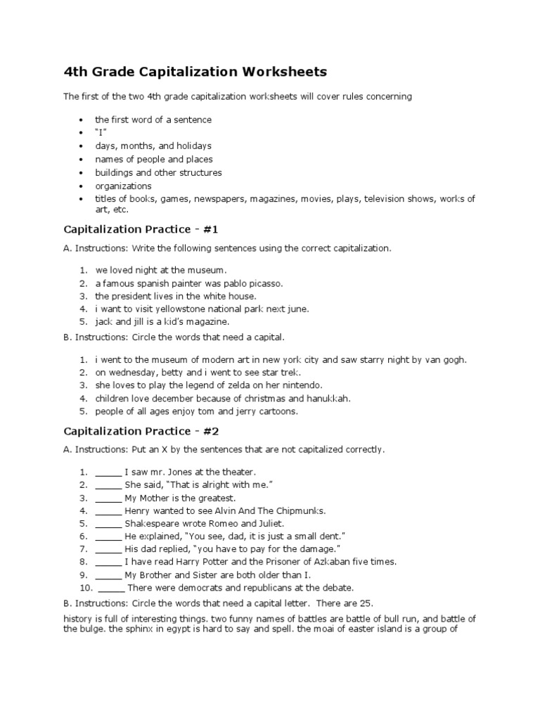 capitalization worksheet high school