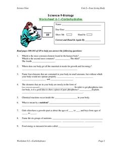 Carbohydrates Worksheet for 9th - 12th Grade | Lesson Planet