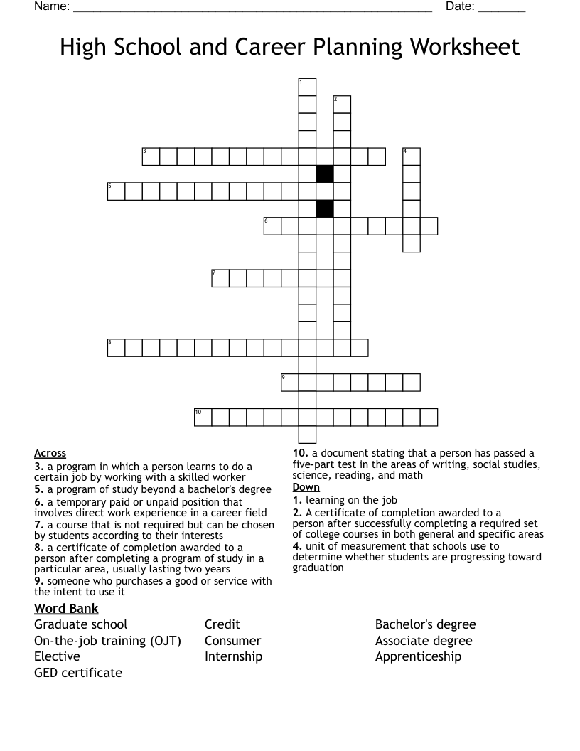 High School and Career Planning Worksheet Crossword - WordMint