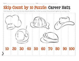 Skip Count by 10 Puzzle: Career Hats | Worksheet 