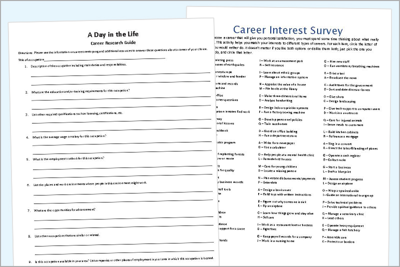 career worksheet for middle school students