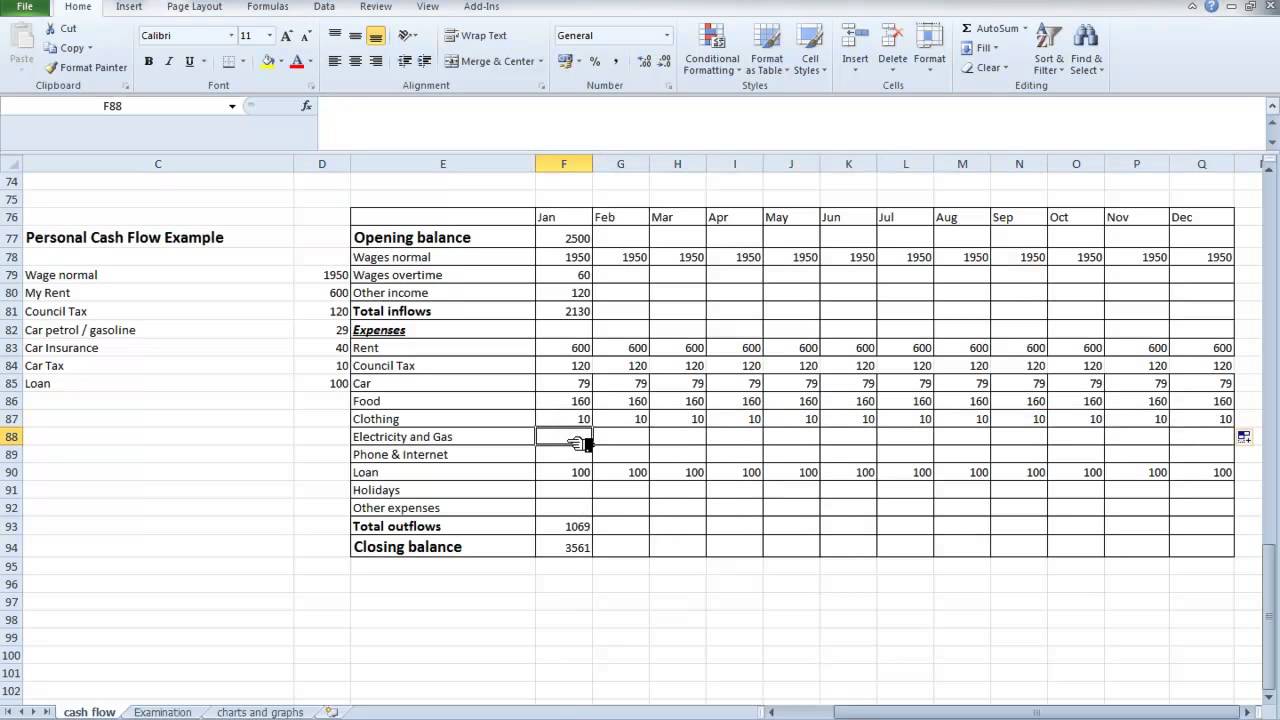 Spreadsheet Personal Cash Flow for students