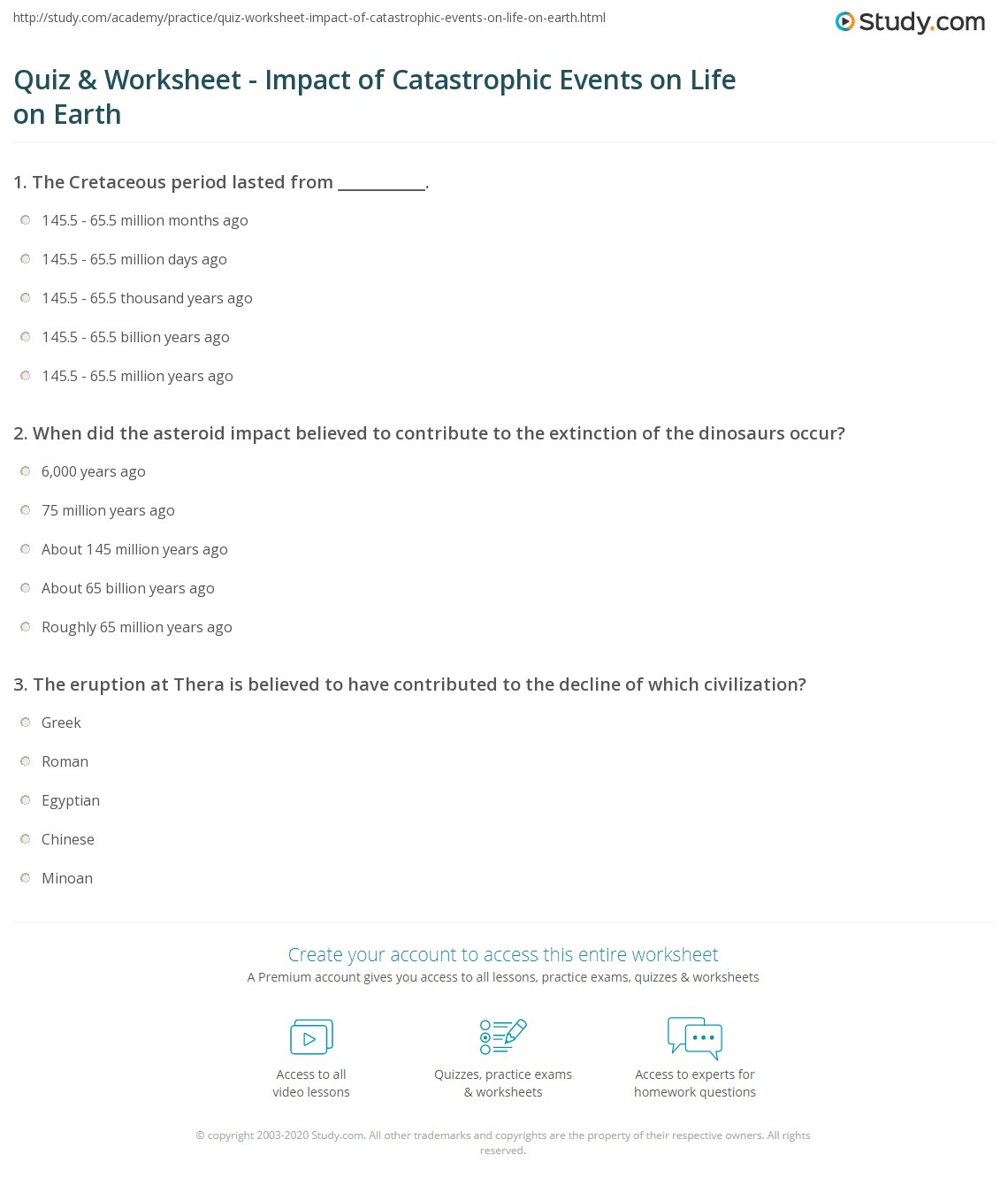 Quiz &  Worksheet - Impact of Catastrophic Events on Life on Earth ...
