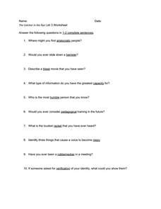 catcher in the rye worksheet