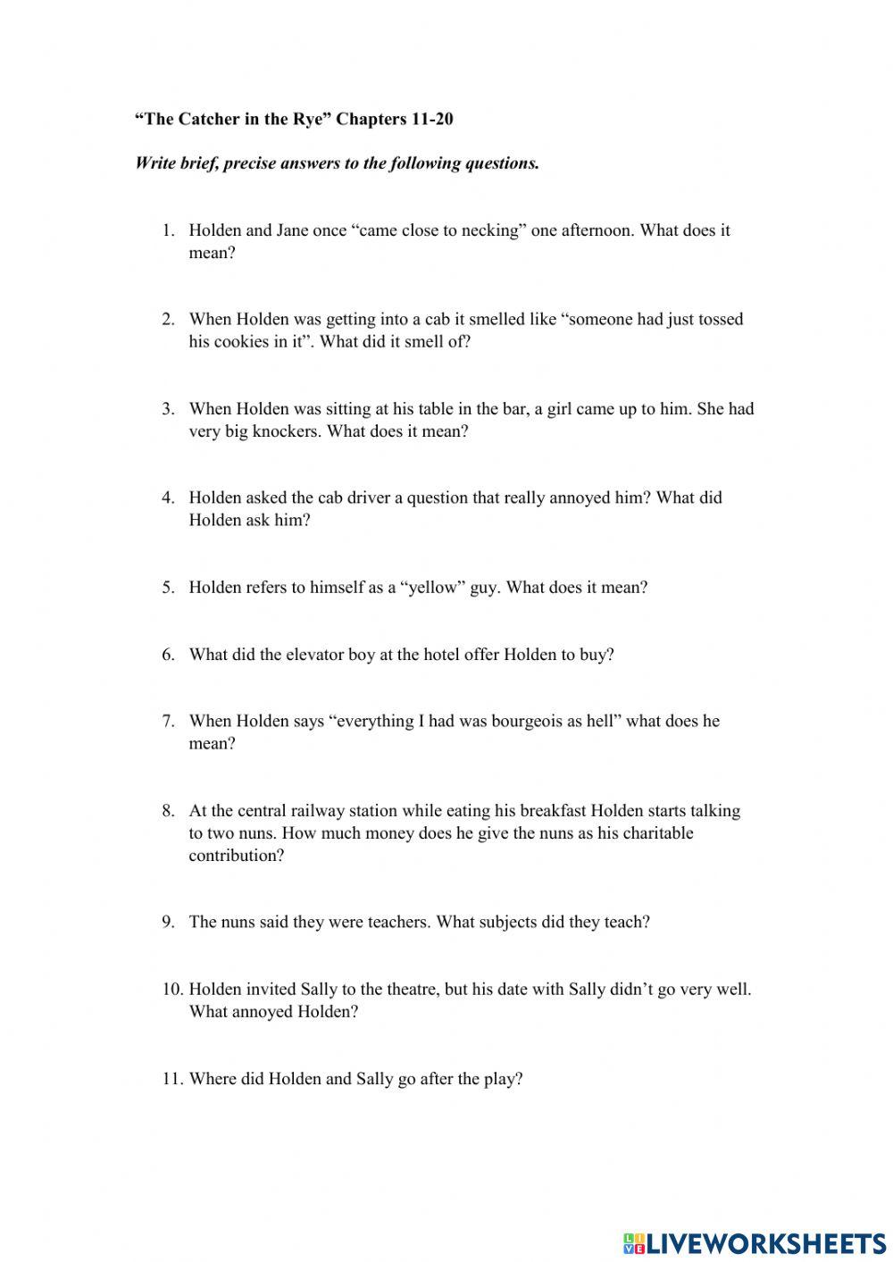 Catcher in the Rye Questions 1 ESL worksheet by dennypackard Worksheets Library
