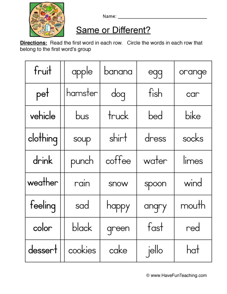 Same Different Categories Worksheet  