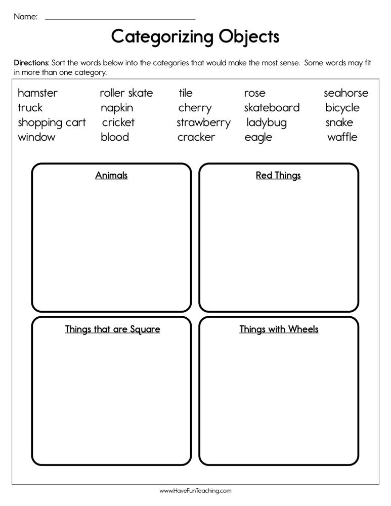 Categorizing Objects Worksheet  