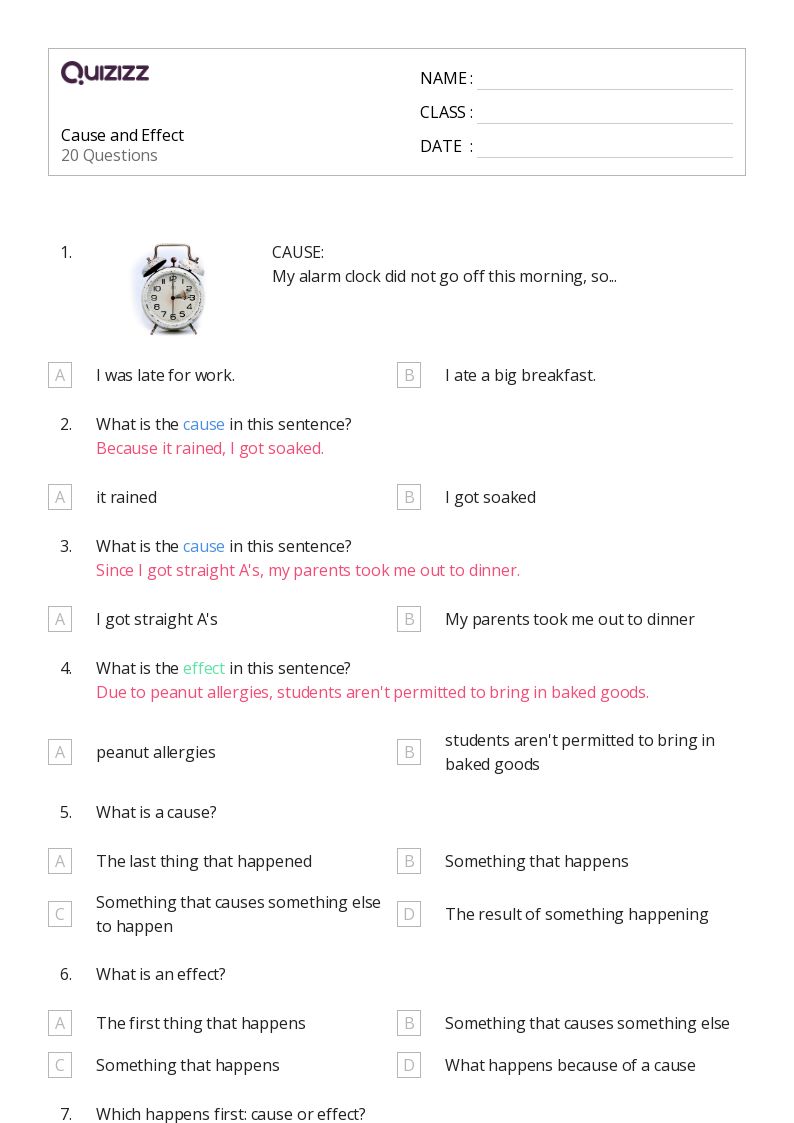 cause and effect worksheet 6th grade