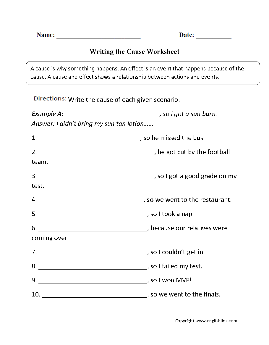 cause and effect worksheet 6th grade