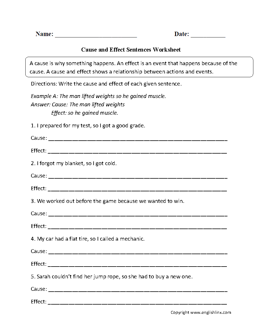 cause and effect worksheet 8th grade