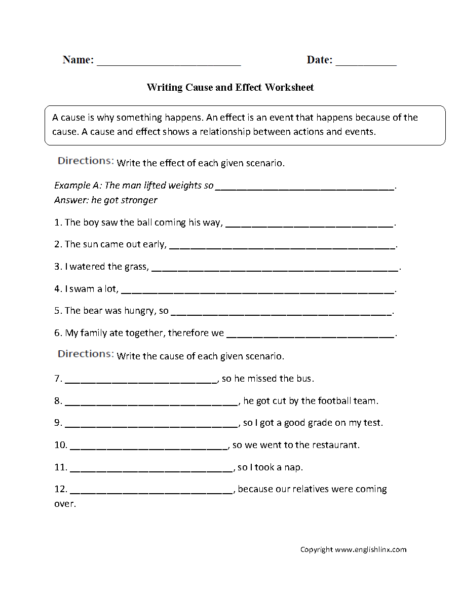 Cause and Effect Worksheets | Writing the Cause and Effect Worksheet
