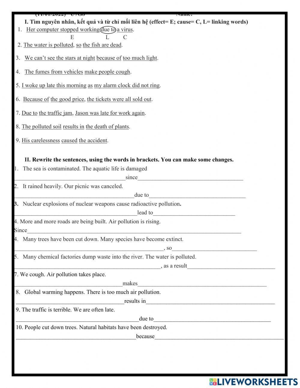 Grade 8- Pollution- Cause- Effect worksheet  