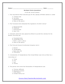 American Revolution Worksheets