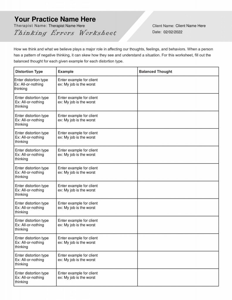 CBT Thinking Errors Worksheet (Editable, Fillable, Printable PDF)