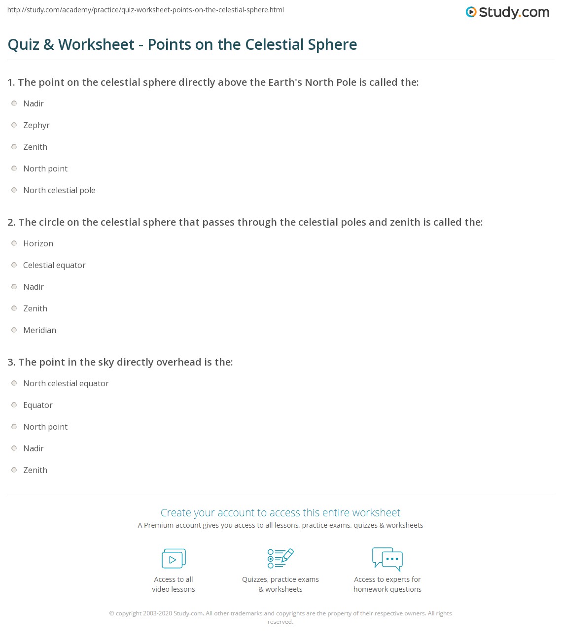 Quiz &  Worksheet - Points on the Celestial Sphere | Study.com