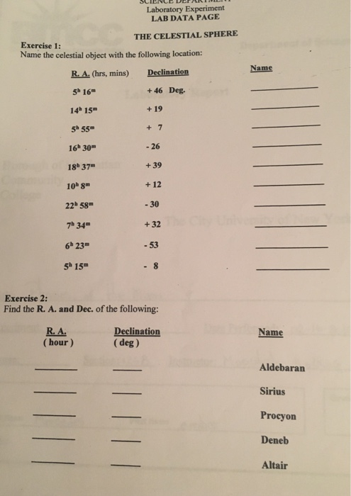 Solved Laboratory Experiment LAB DATA PAGE THE CELESTIAL | Chegg.com
