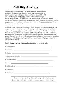 Cell City Analogy Worksheet for 9th - 12th Grade | Lesson Planet