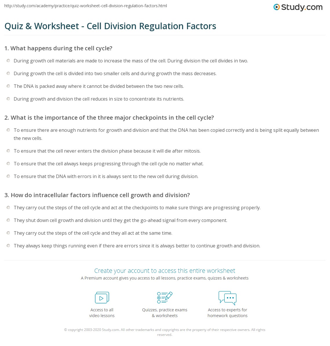 Quiz &  Worksheet - Cell Division Regulation Factors | Study.com