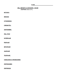Cell Growth and Division Vocab Worksheet for 9th - 12th Grade ...