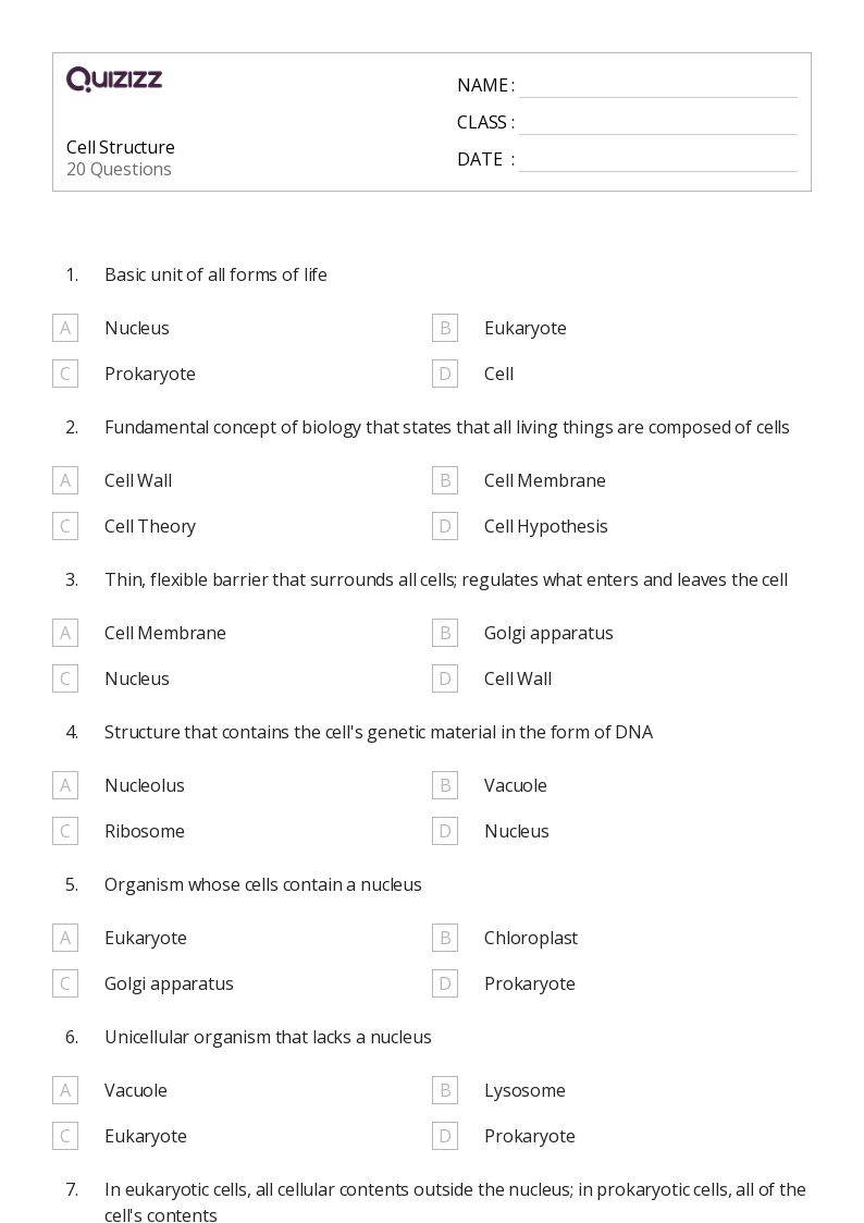 50+ structure of a cell worksheets for 12th Grade on Quizizz ...