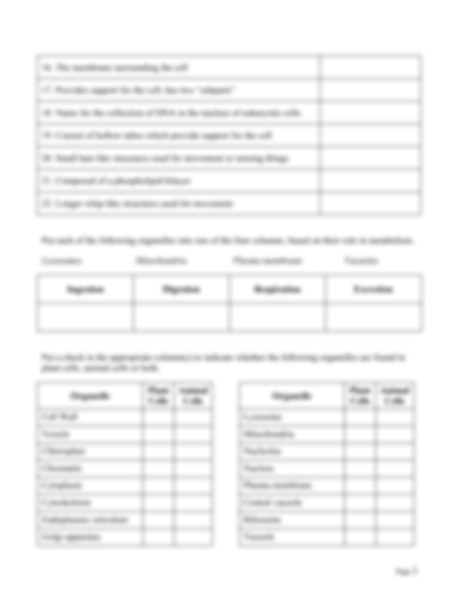 cells and organelles worksheet