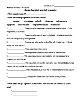 cells and their organelles worksheet answers