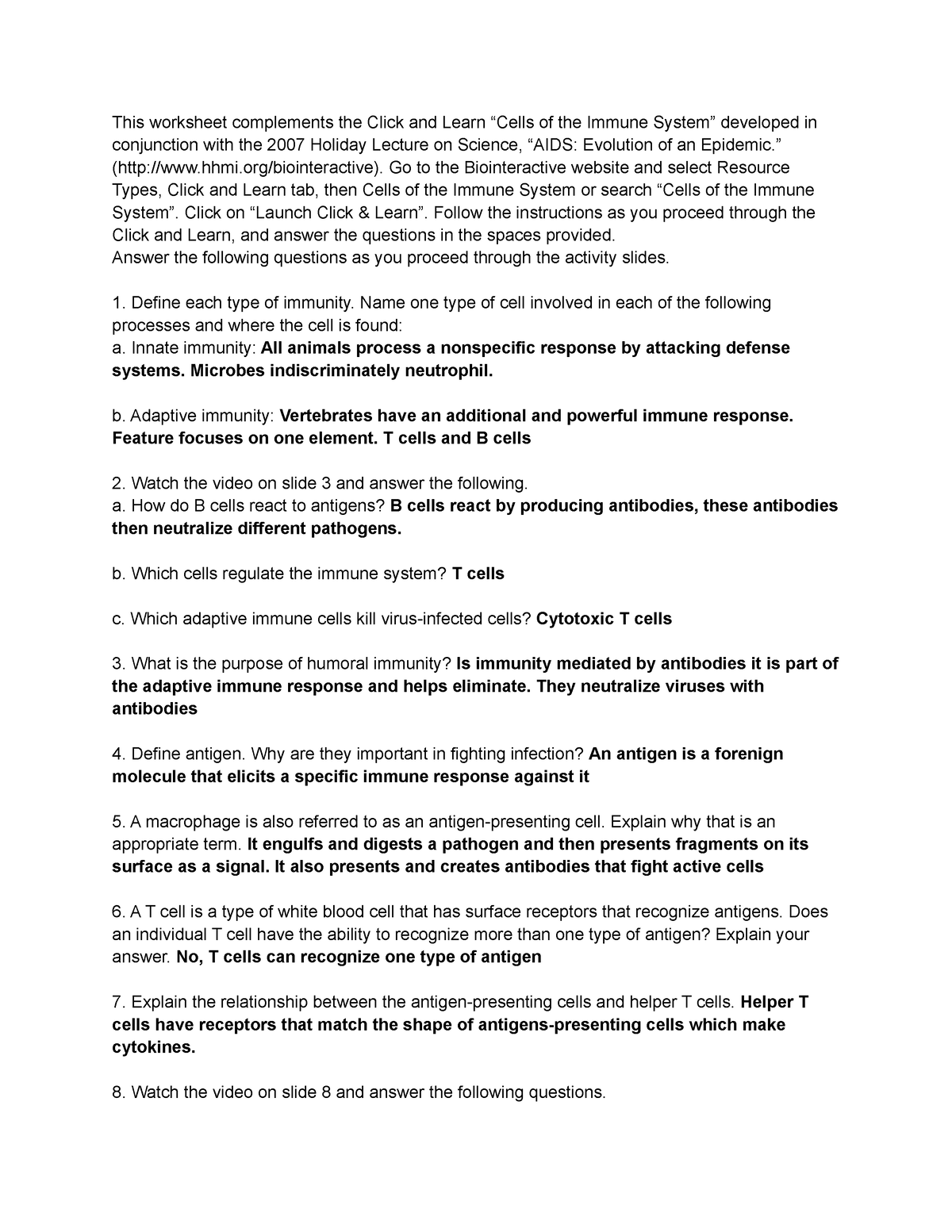 Immunity HO This worksheet complements the Click and Learn