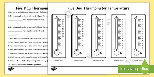Five Day Thermometer Temperature Celsius Worksheet / Worksheet ...