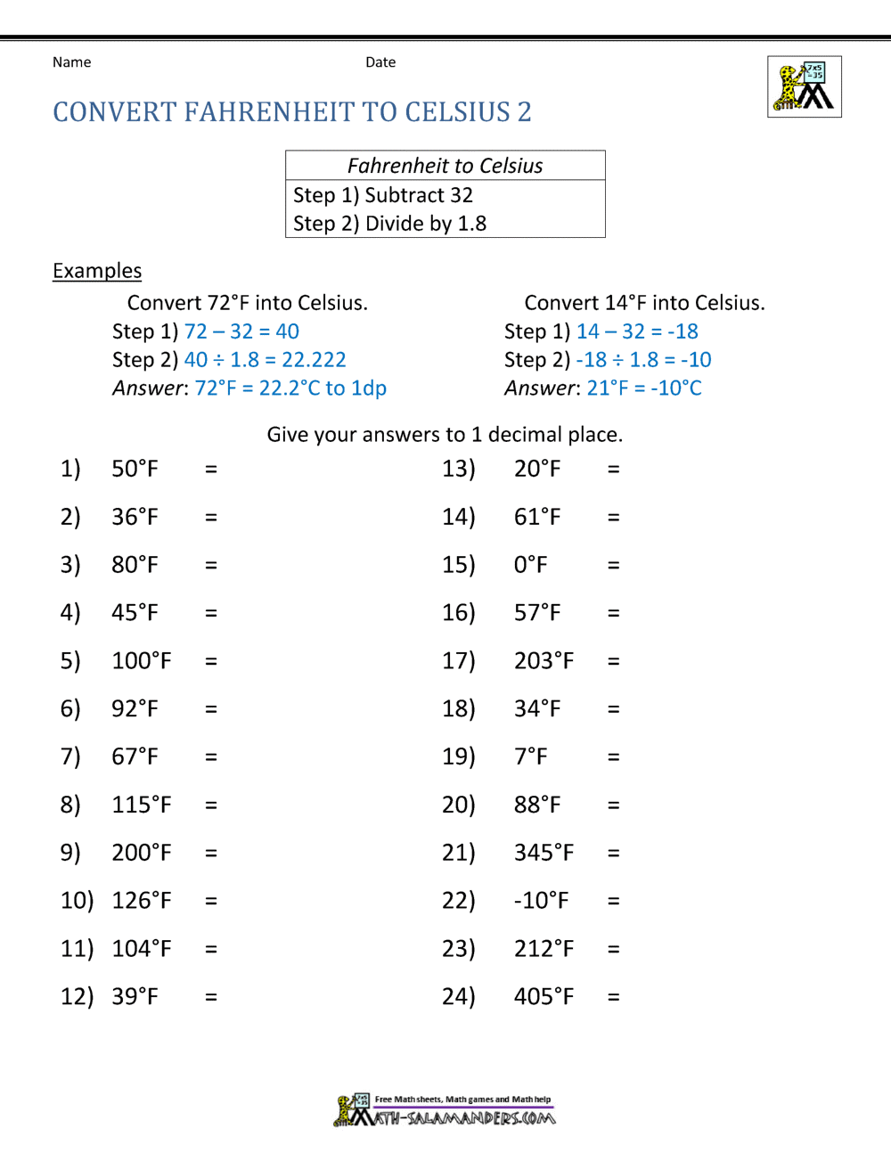 celsius to fahrenheit worksheet