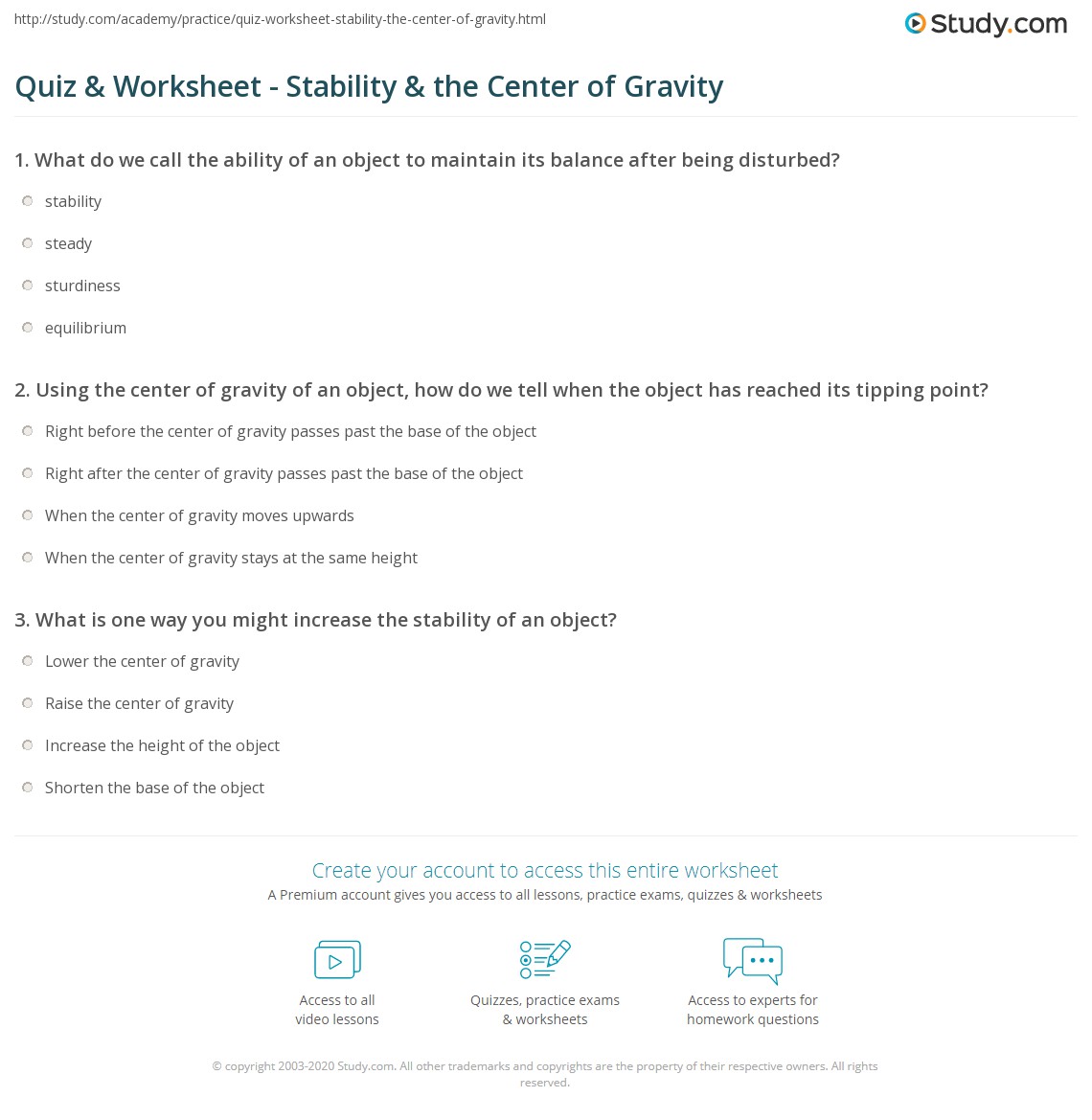 center of balance worksheet