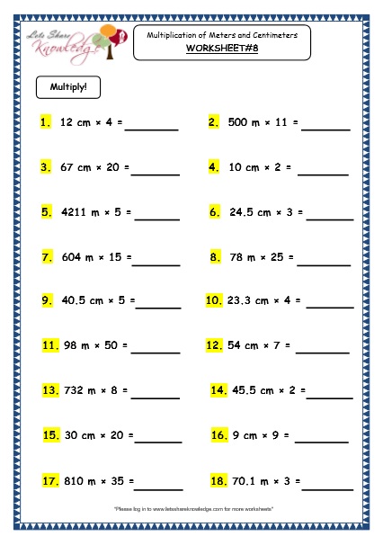 Grade 3 Maths Worksheets: (11.7 Multiplication of Meters and ...