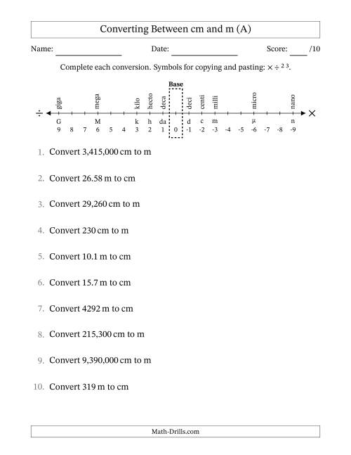 centimeters to meters worksheet