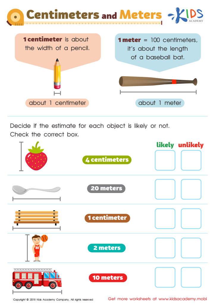 Centimeters and Meters Worksheet: Free Printable PDF for Kids