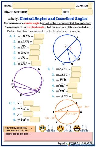 Central Angles and Inscribed Angles worksheet  
