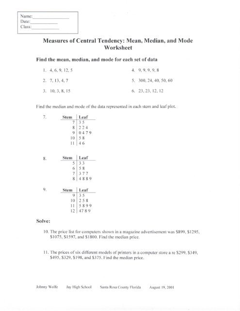 Measures of Central Tendency: Mean, Median, and Mode Worksheet