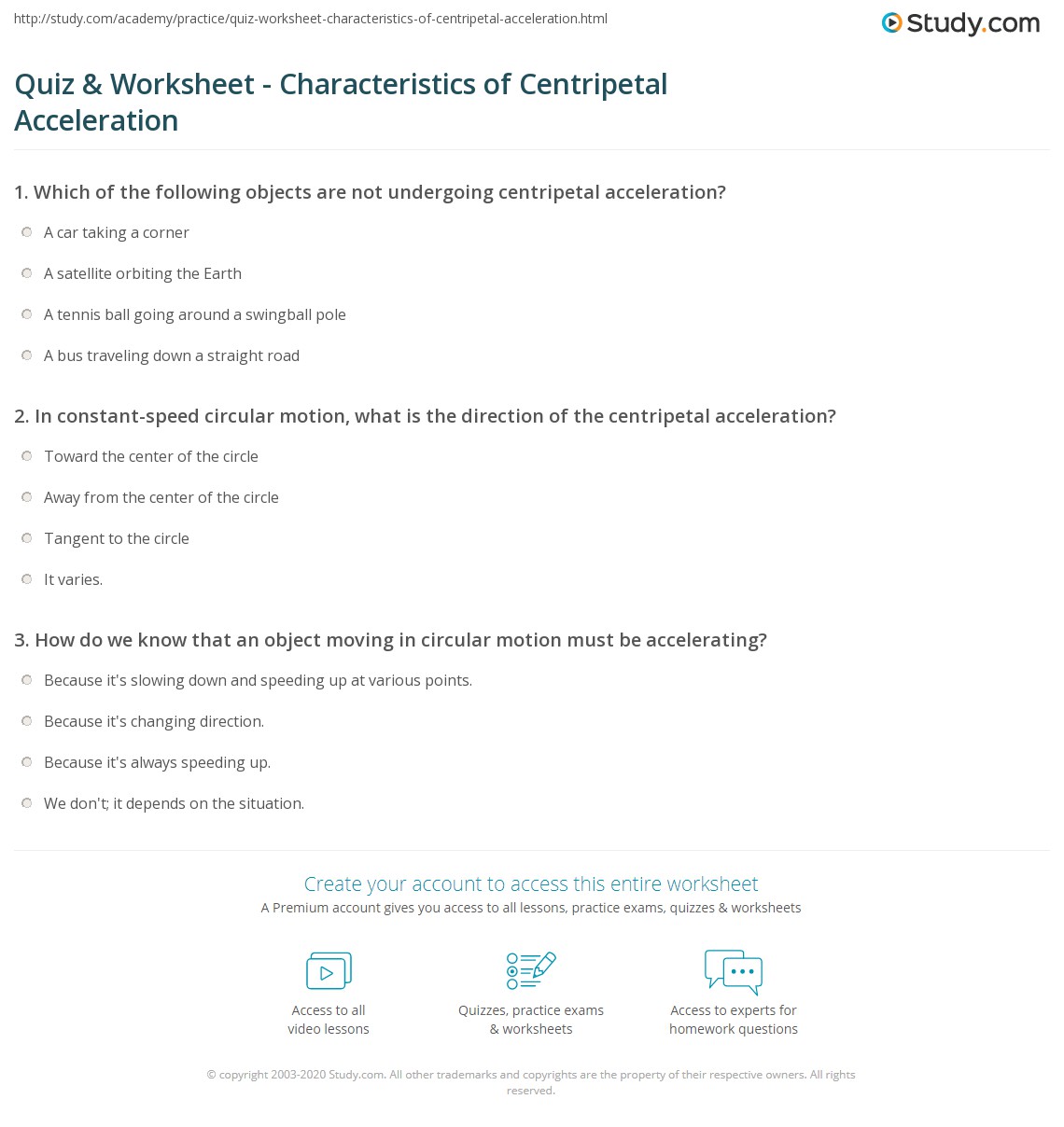 Quiz &  Worksheet - Characteristics of Centripetal Acceleration ...