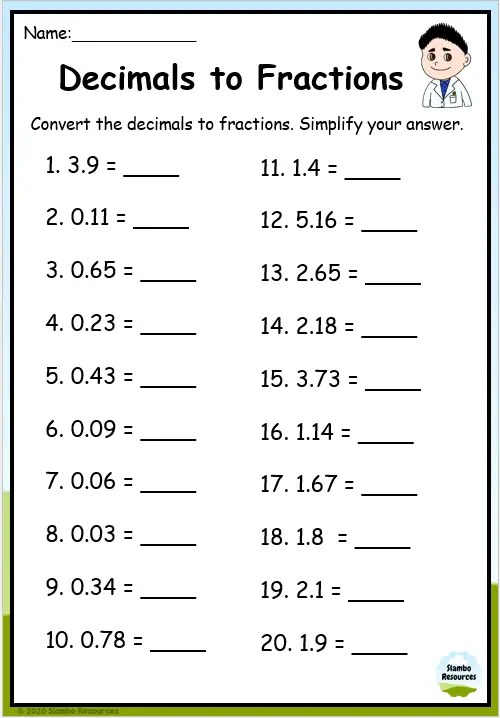 change decimals to fractions worksheet
