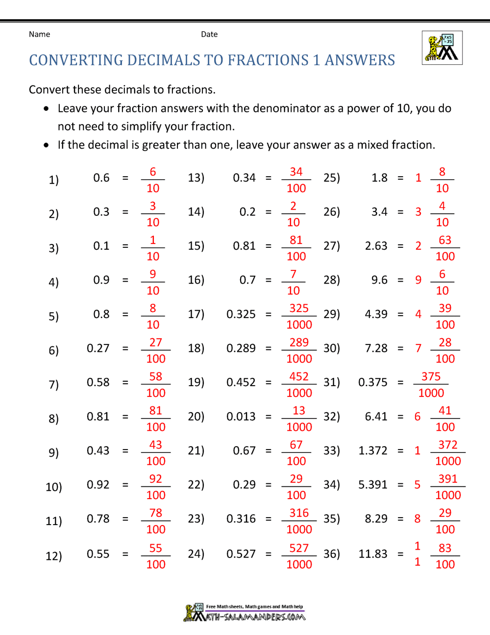 change decimals to fractions worksheet