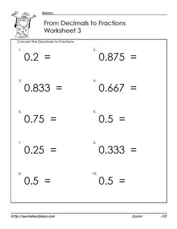 Decimals to Fractions Worksheets